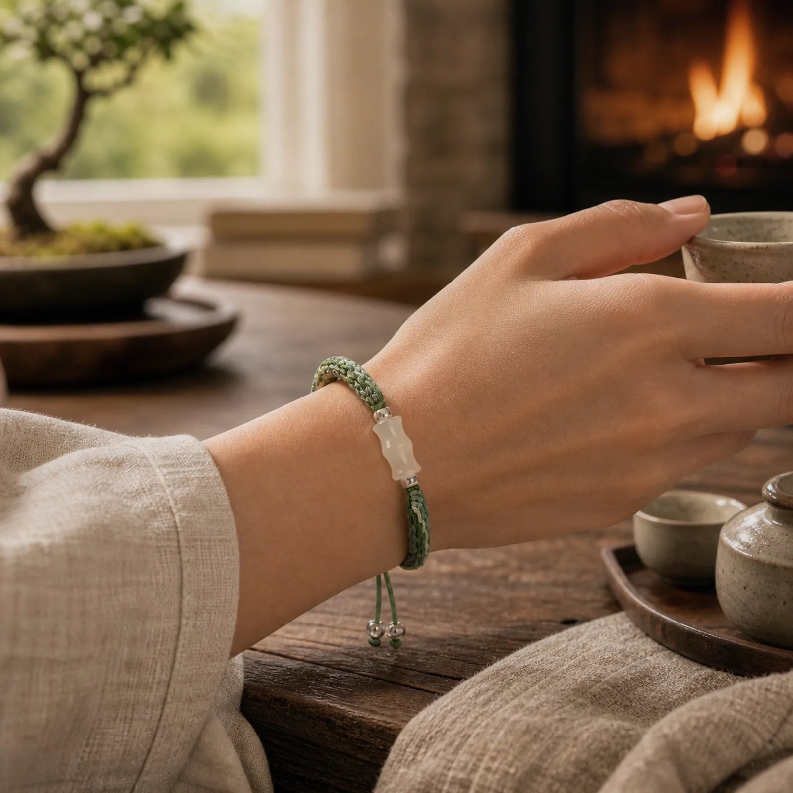 White Jade Bamboo Reincarnation Knot Wealth Luck Strength String Bracelet featuring White Jade, Jade, Bamboo