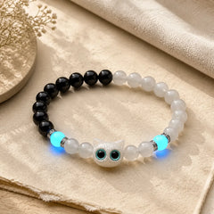 White Jade Black Obsidian Cute Cat Head Purity Beaded Bracelet featuring White Jade, Jade, Black Obsidian