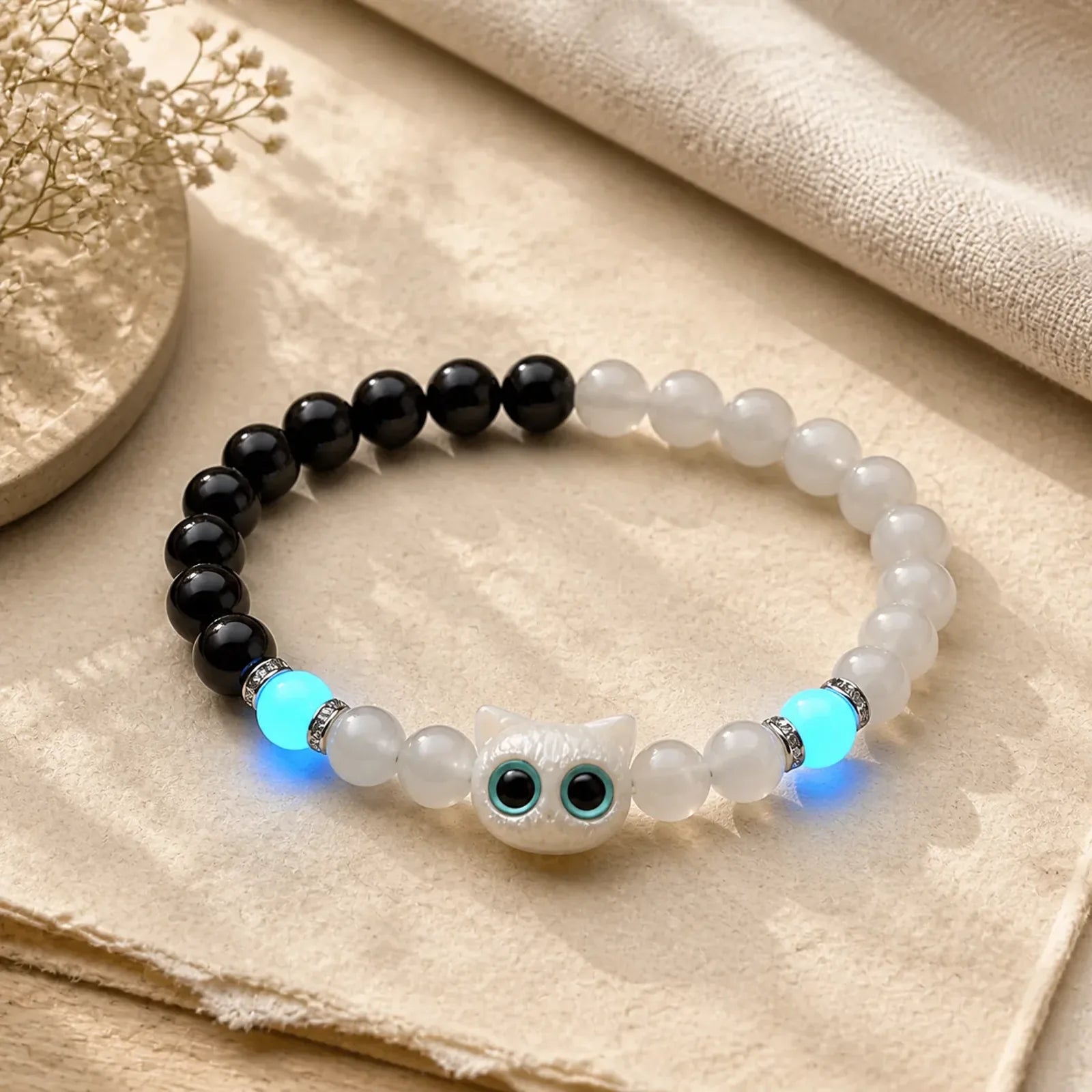 White Jade Black Obsidian Cute Cat Head Purity Beaded Bracelet featuring White Jade, Jade, Black Obsidian