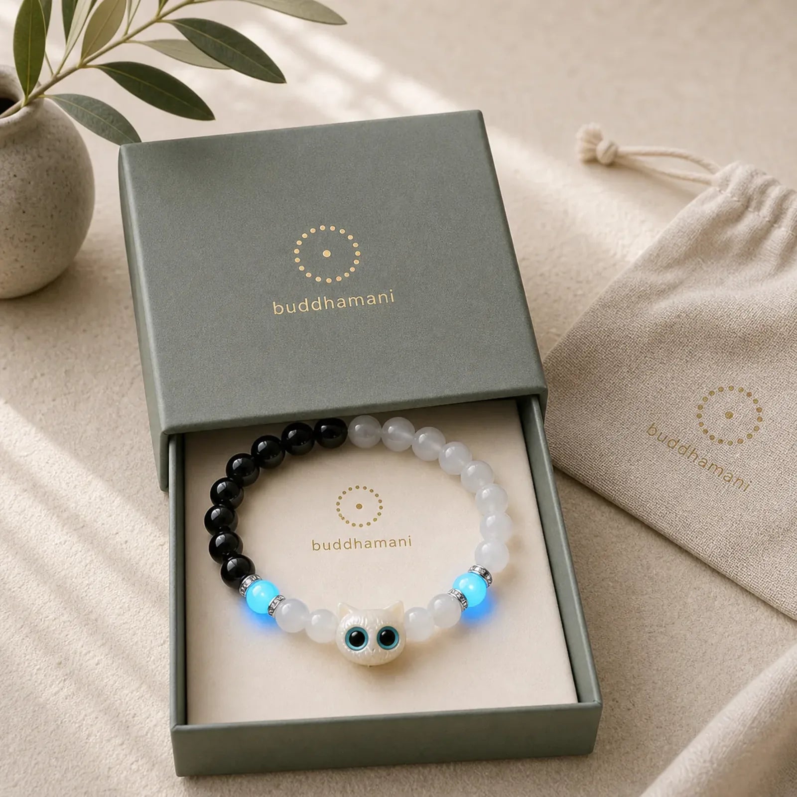 White Jade Black Obsidian Cute Cat Head Purity Beaded Bracelet featuring White Jade, Jade, Black Obsidian