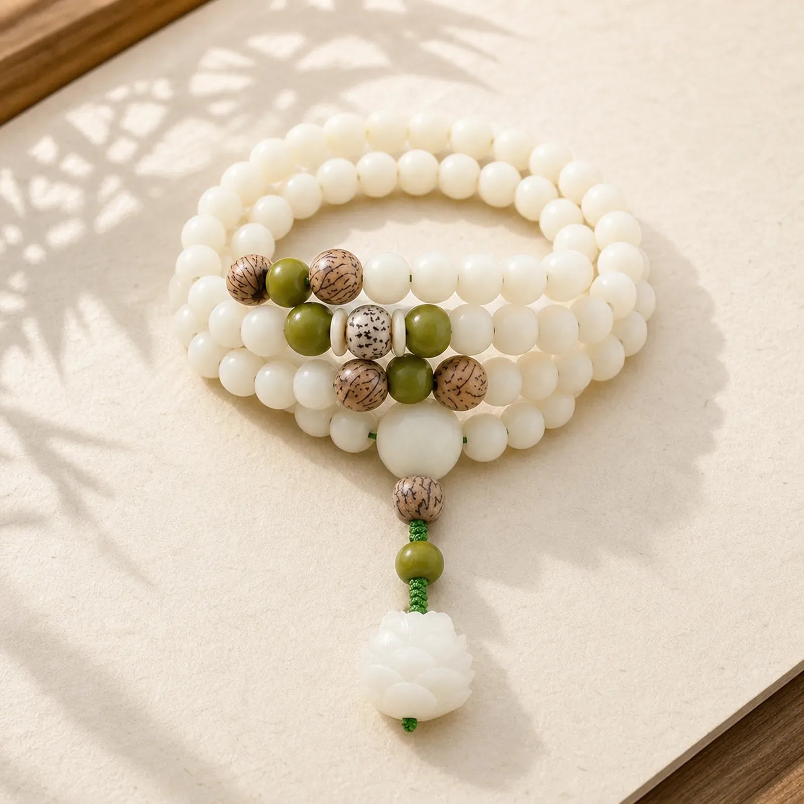 White Jade Bodhi Lotus Mala Harmony Necklace Bracelet featuring White Jade, Jade, Lotus