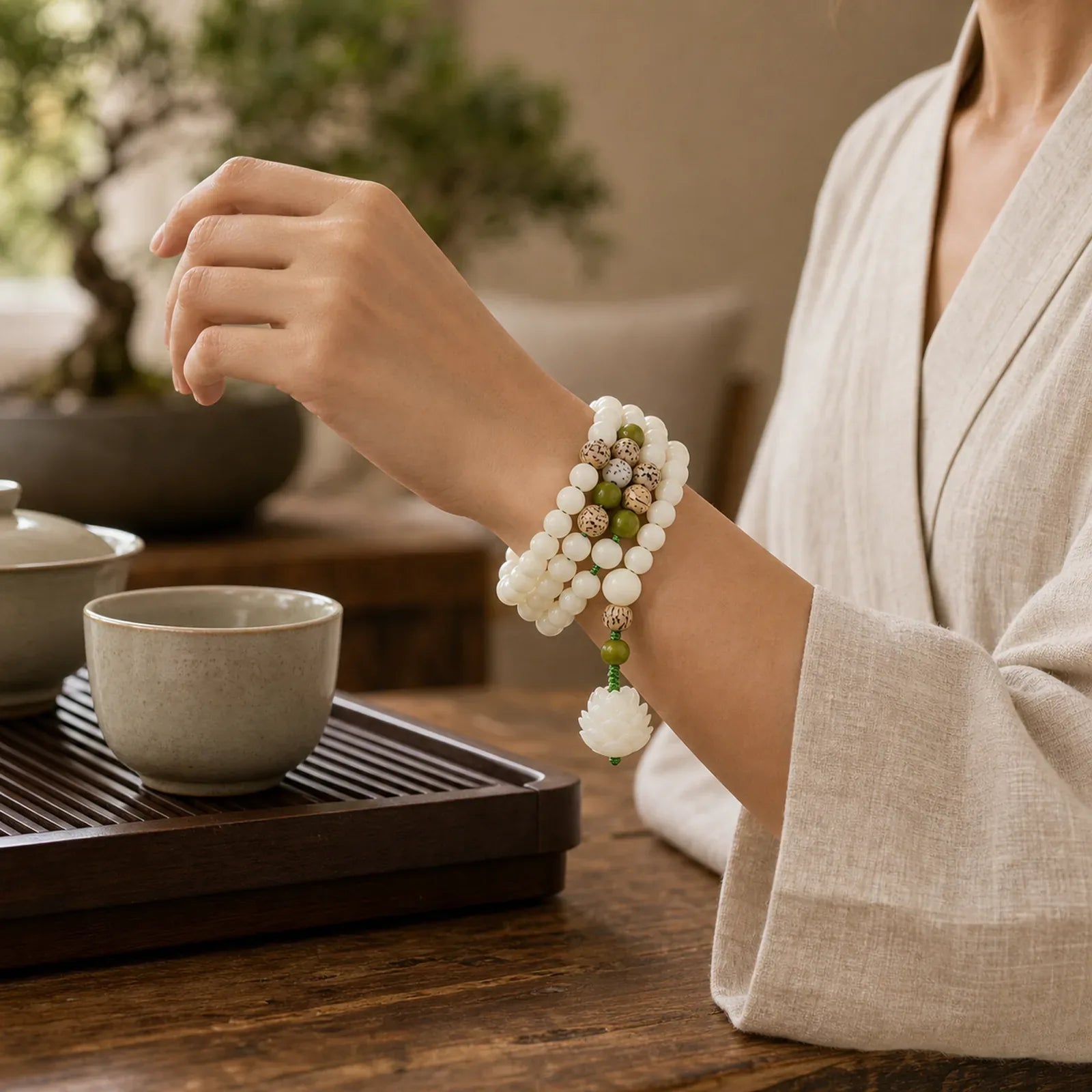 White Jade Bodhi Lotus Mala Harmony Necklace Bracelet featuring White Jade, Jade, Lotus