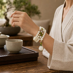 White Jade Bodhi Lotus Mala Harmony Necklace Bracelet featuring White Jade, Jade, Lotus