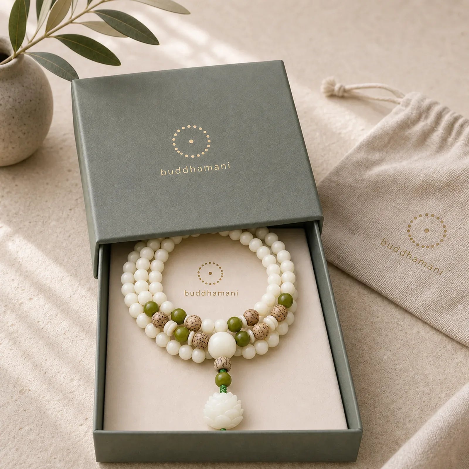 White Jade Bodhi Lotus Mala Harmony Necklace Bracelet featuring White Jade, Jade, Lotus