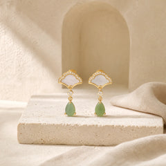 White Jade Cyan Jade Fan Water Drop Pattern Luck Drop Earrings featuring White Jade, Jade, Cyan Jade