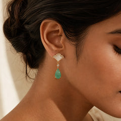 White Jade Cyan Jade Fan Water Drop Pattern Luck Drop Earrings featuring White Jade, Jade, Cyan Jade