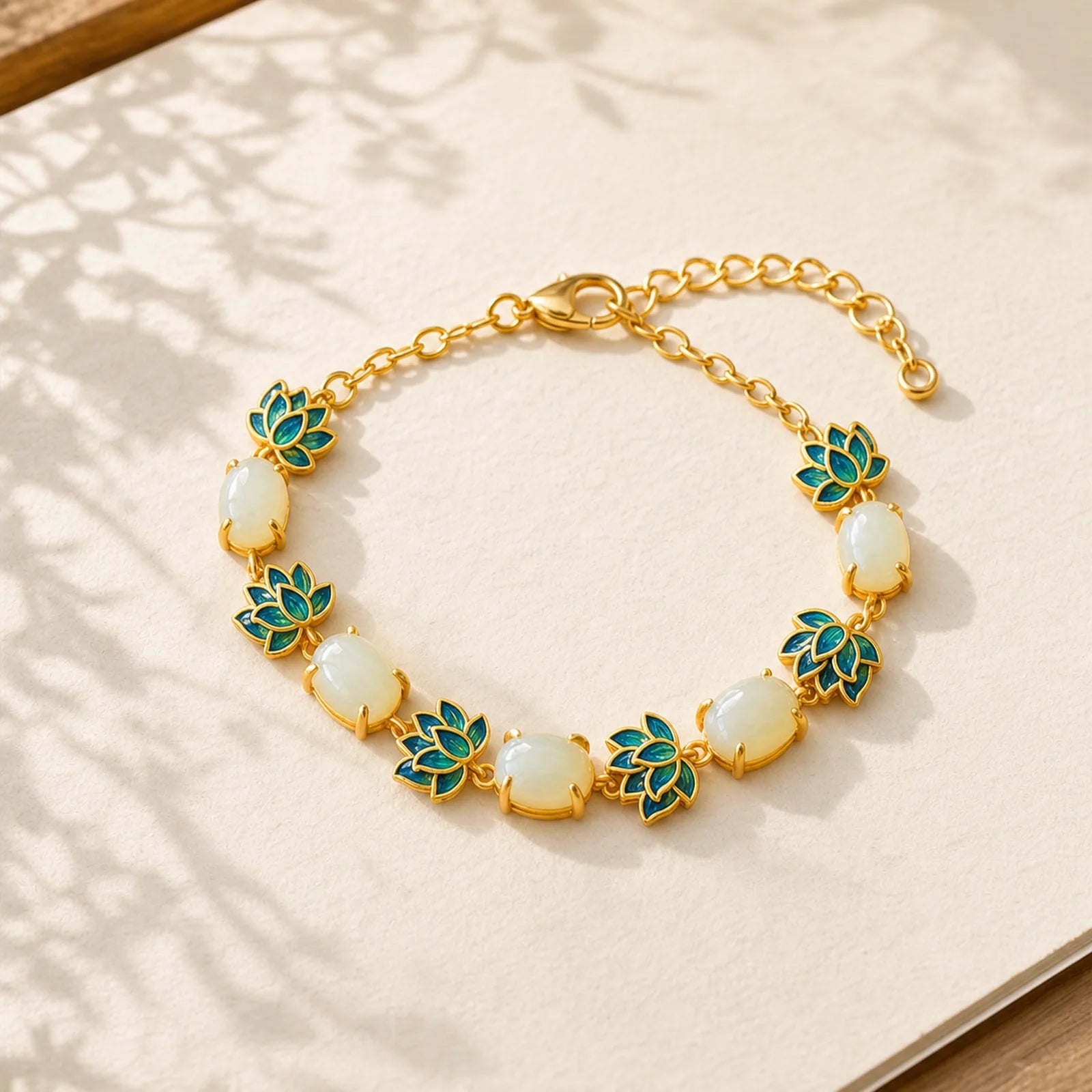 White Jade Cyan Jade Lotus Protection Bracelet featuring White Jade, Jade, Cyan Jade