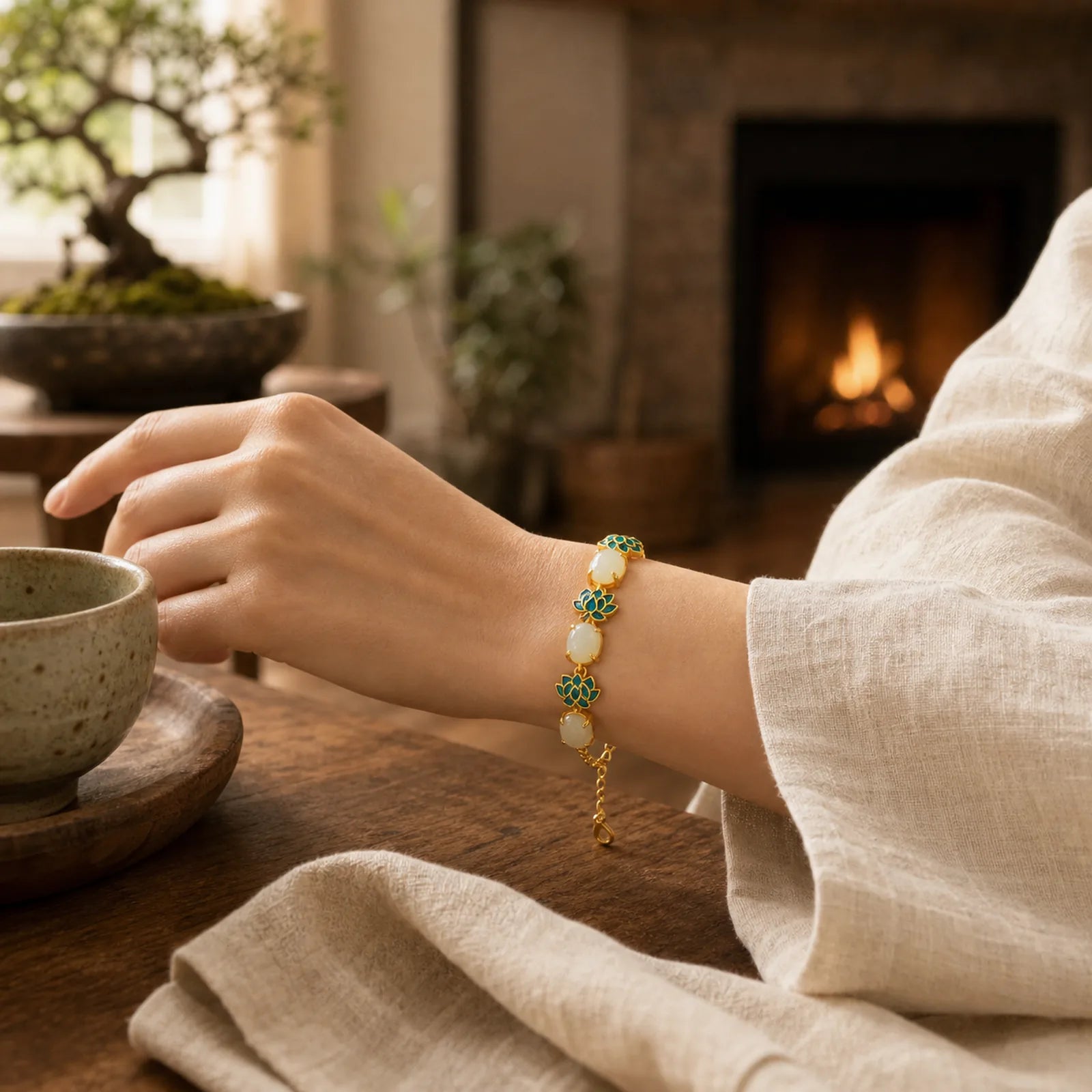 White Jade Cyan Jade Lotus Protection Bracelet featuring White Jade, Jade, Cyan Jade