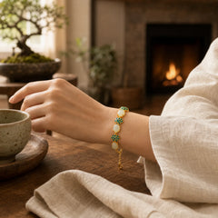 White Jade Cyan Jade Lotus Protection Bracelet featuring White Jade, Jade, Cyan Jade