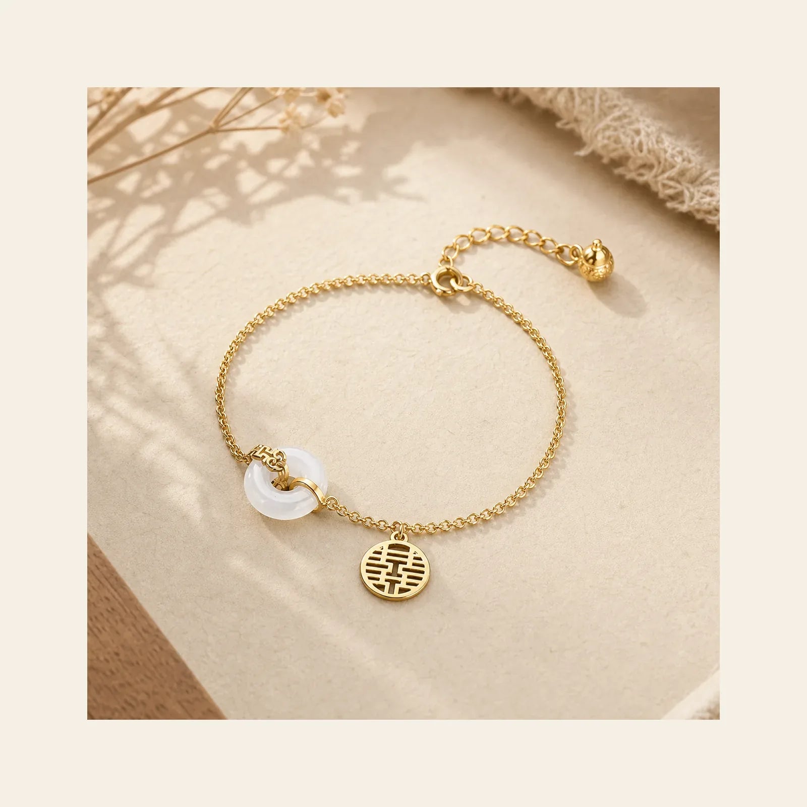 White Jade Double Happiness Fortune Bracelet featuring White Jade, Jade, Double Happiness