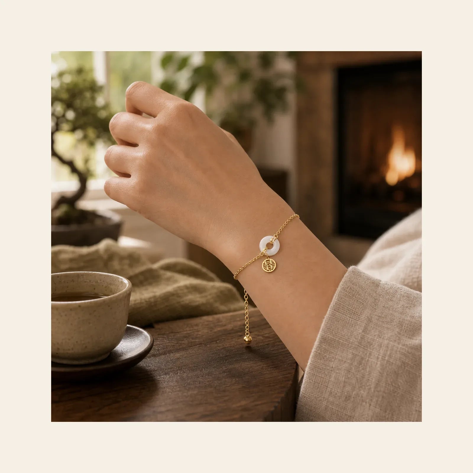 White Jade Double Happiness Fortune Bracelet featuring White Jade, Jade, Double Happiness