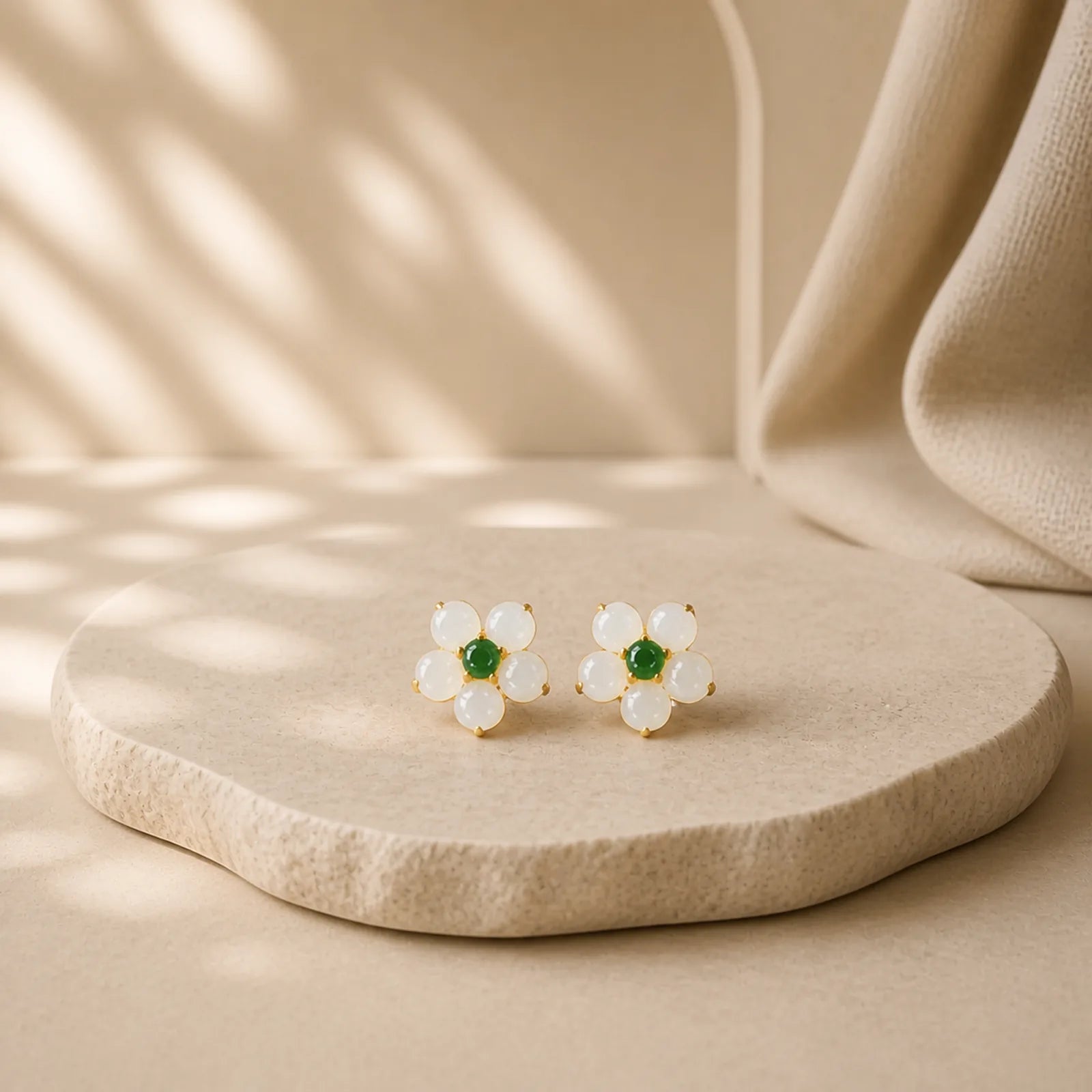 White Jade Flower Luck Blessing Stud Earrings featuring White Jade, Jade, Copper
