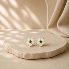White Jade Flower Luck Blessing Stud Earrings featuring White Jade, Jade, Copper