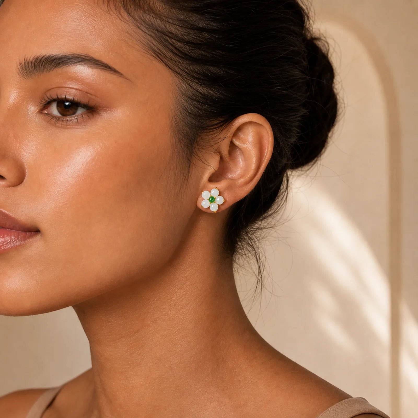 White Jade Flower Luck Blessing Stud Earrings featuring White Jade, Jade, Copper