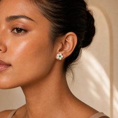 White Jade Flower Luck Blessing Stud Earrings featuring White Jade, Jade, Copper