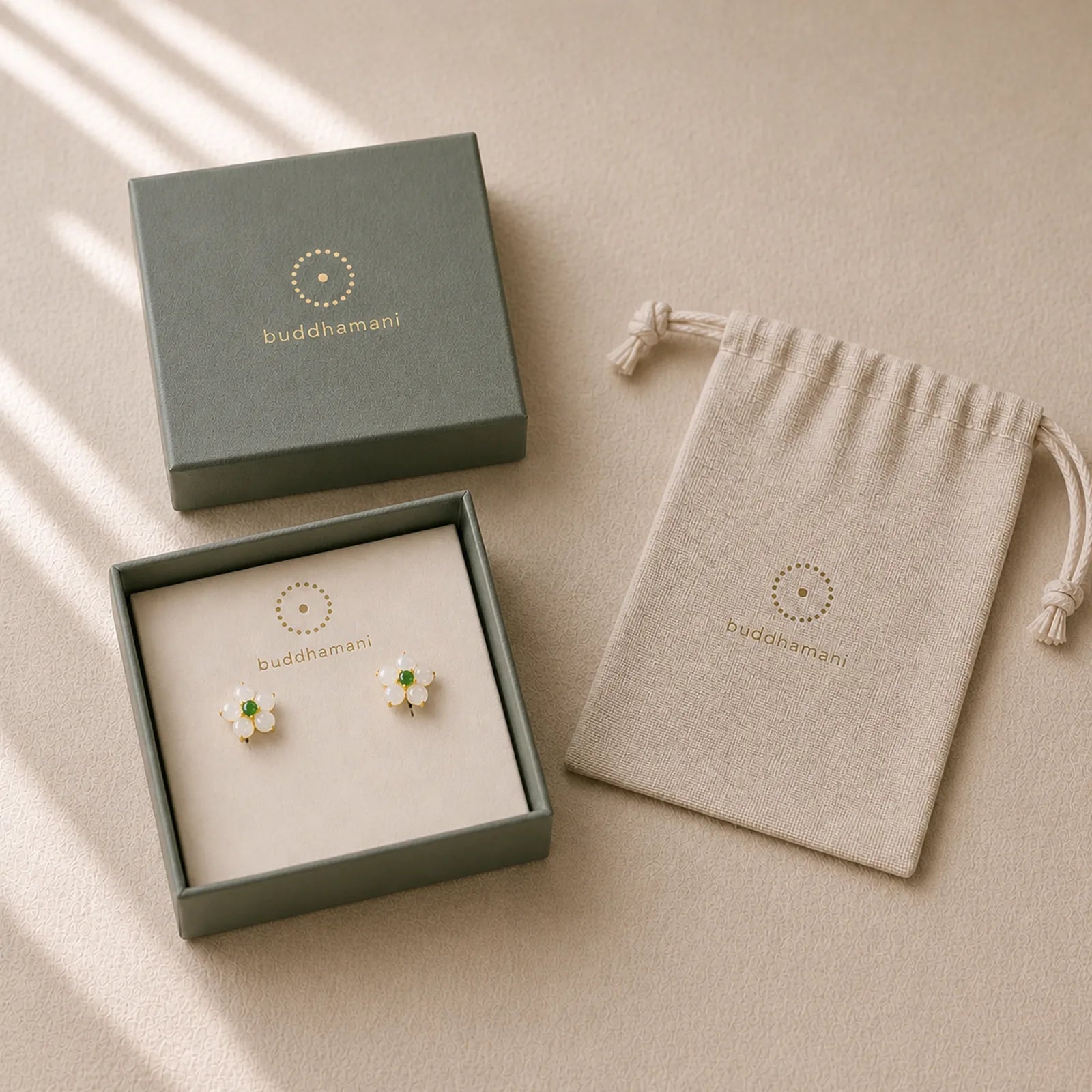 White Jade Flower Luck Blessing Stud Earrings featuring White Jade, Jade, Copper