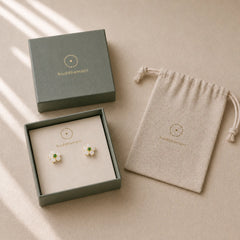 White Jade Flower Luck Blessing Stud Earrings featuring White Jade, Jade, Copper