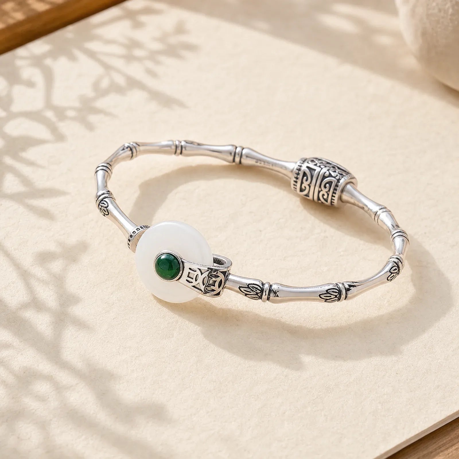 White Jade Peace Buckle Bamboo Design Luck Copper Cuff Bracelet Bangle featuring White Jade, Jade, Peace Buckle