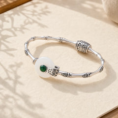 White Jade Peace Buckle Bamboo Design Luck Copper Cuff Bracelet Bangle featuring White Jade, Jade, Peace Buckle