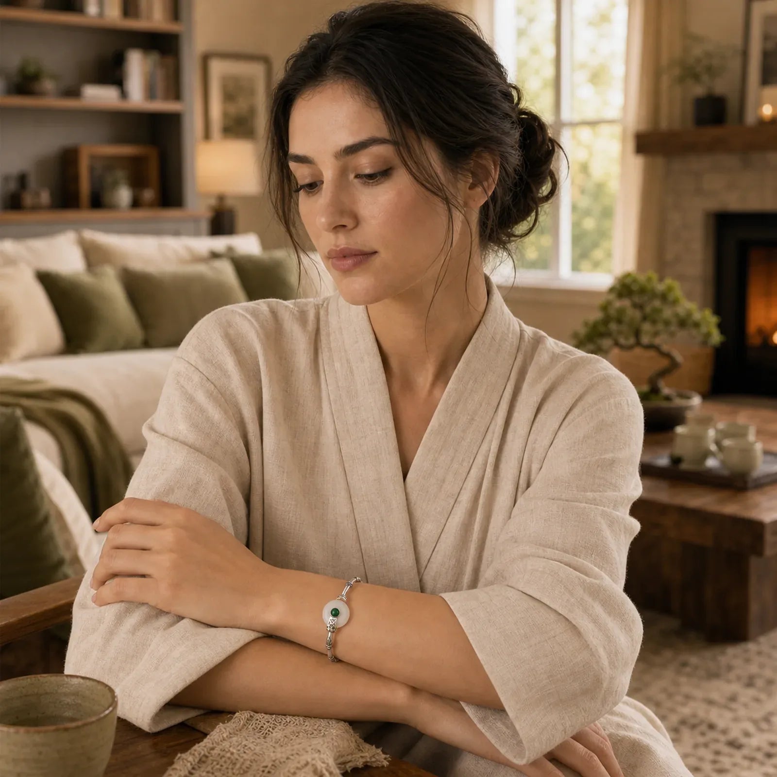 White Jade Peace Buckle Bamboo Design Luck Copper Cuff Bracelet Bangle featuring White Jade, Jade, Peace Buckle