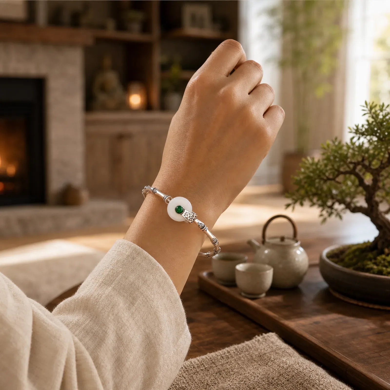 White Jade Peace Buckle Bamboo Design Luck Copper Cuff Bracelet Bangle featuring White Jade, Jade, Peace Buckle
