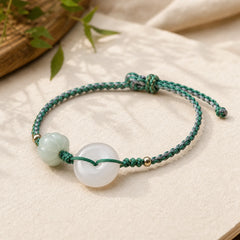 White Jade Peace Buckle Pumpkin Bead Luck Blessing Braided Bracelet featuring White Jade, Jade, Peace Buckle