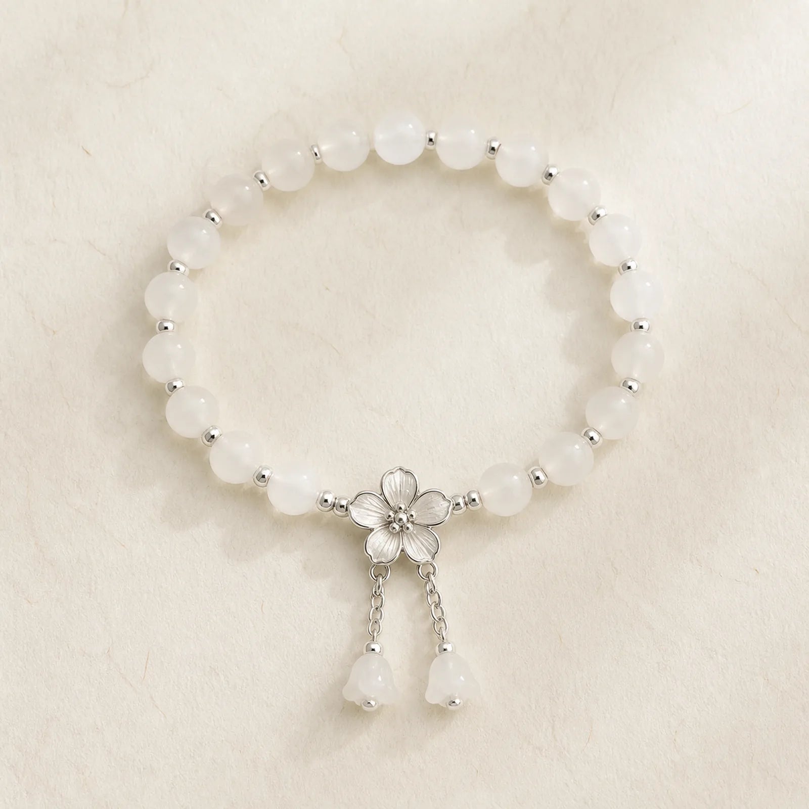 White Jade Peach Blossom Petals Flower Luck Bracelet featuring White Jade, Jade, Copper