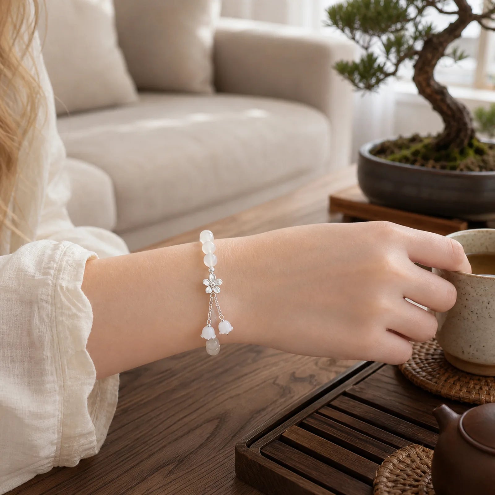 White Jade Peach Blossom Petals Flower Luck Bracelet featuring White Jade, Jade, Copper