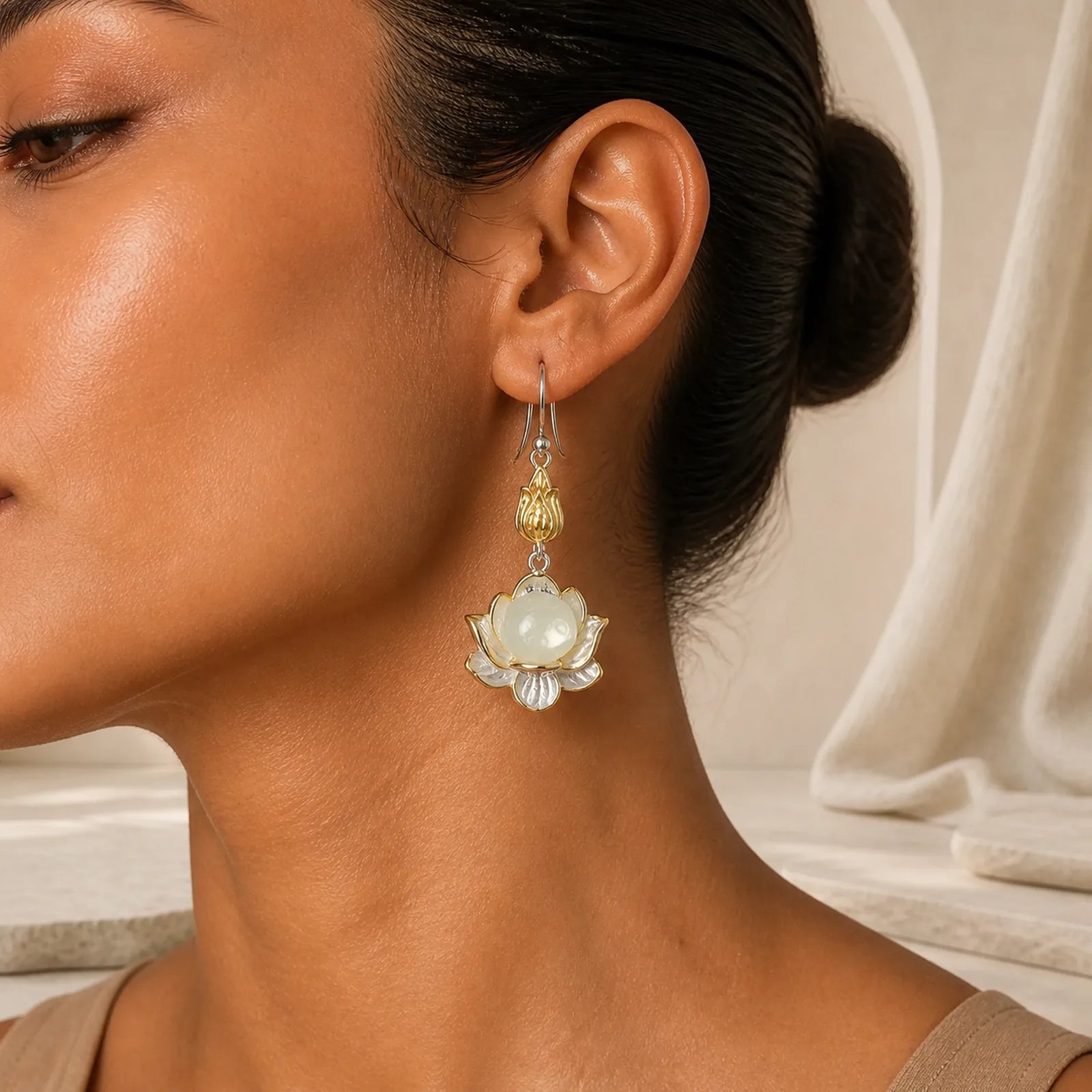 White Jade Protection Harmony Drop Earrings featuring White Jade, Jade, Silver
