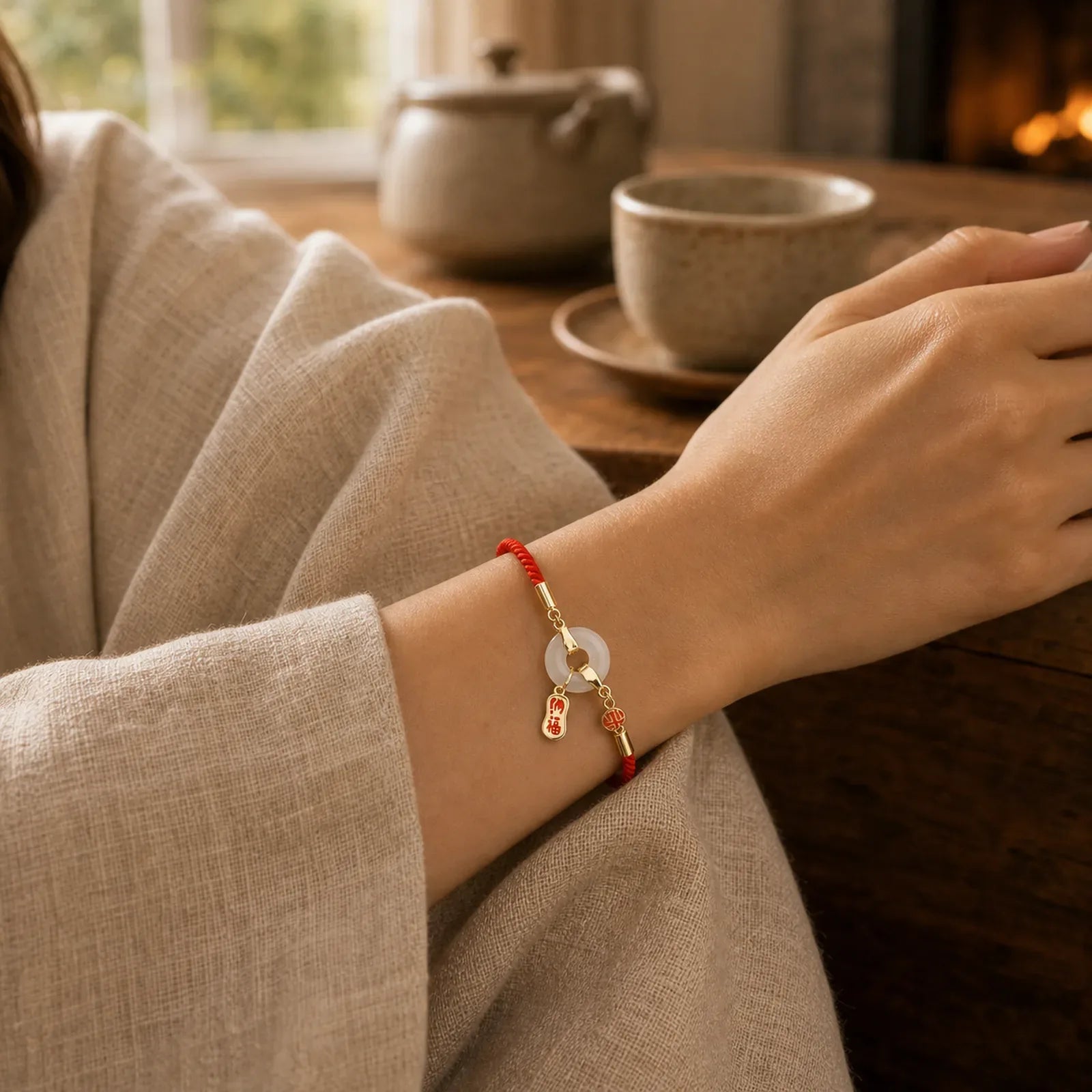 White Jade Red String Fu Character Braided Blessing Bracelet featuring White Jade, Jade, Red String