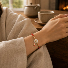 White Jade Red String Fu Character Braided Blessing Bracelet featuring White Jade, Jade, Red String