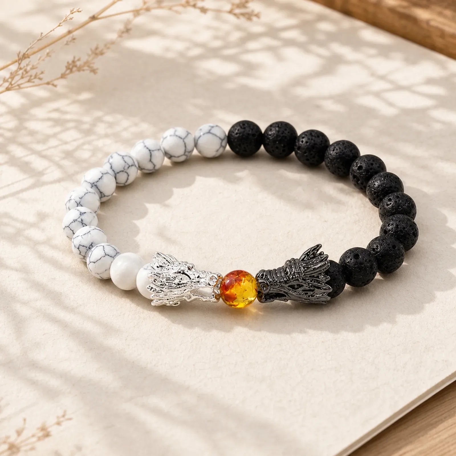 White Turquoise Lava Rock Dragon Blessing Beaded Bracelet featuring White Turquoise, Turquoise, Lava Rock