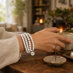White Turquoise Lotus Mala Healing Bracelet featuring White Turquoise, Turquoise, Lotus
