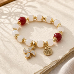Windmill Chinese Lock Charm Fu Character Blessing Bracelet featuring Fu Character, Red Agate, Copper