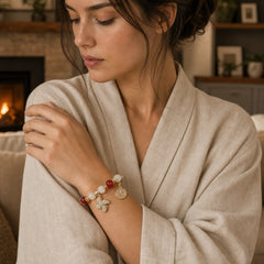 Windmill Chinese Lock Charm Fu Character Blessing Bracelet featuring Fu Character, Red Agate, Copper