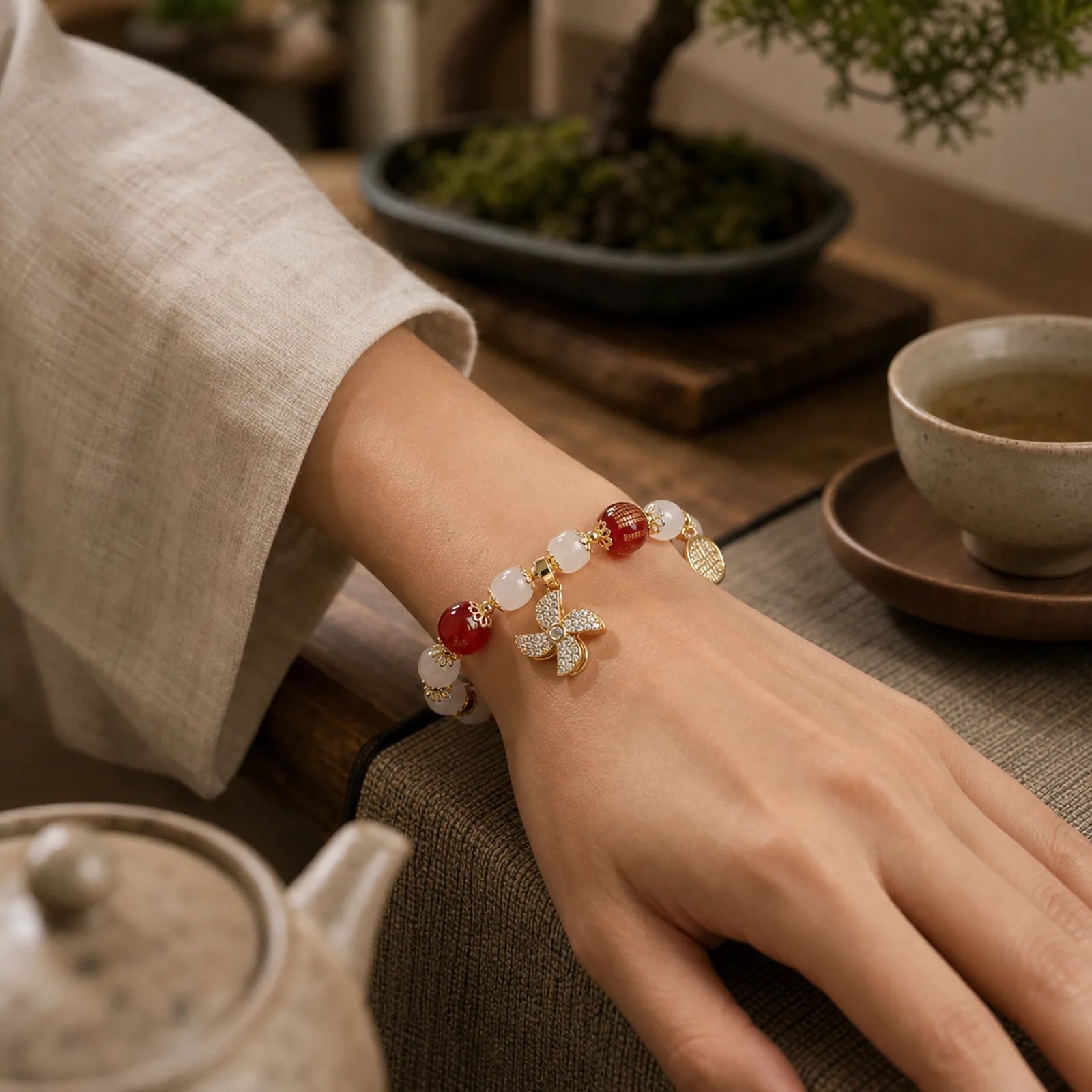 Windmill Chinese Lock Charm Fu Character Blessing Bracelet featuring Fu Character, Red Agate, Copper
