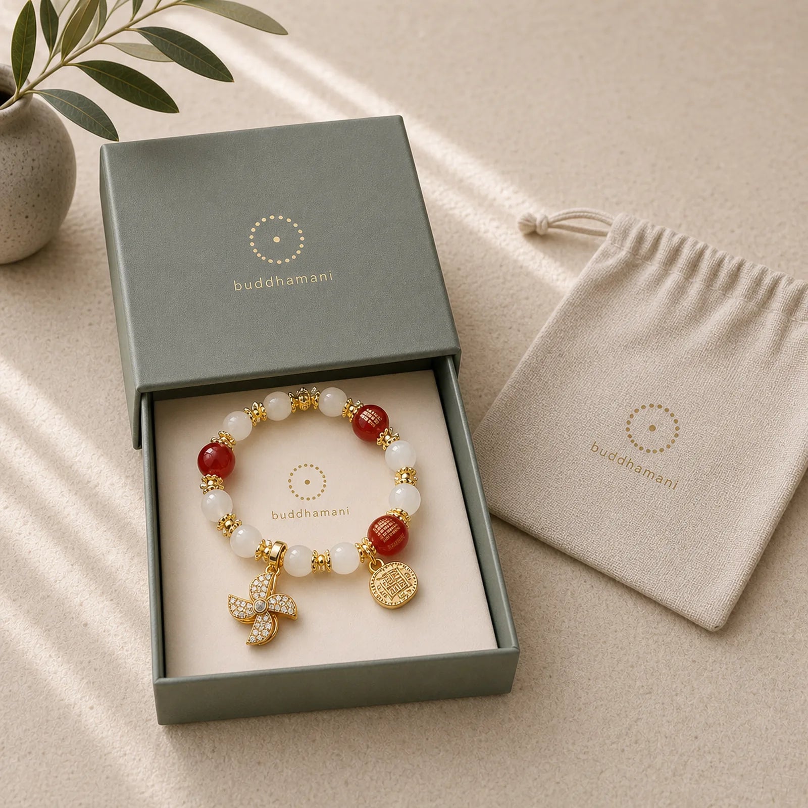 Windmill Chinese Lock Charm Fu Character Blessing Bracelet featuring Fu Character, Red Agate, Copper