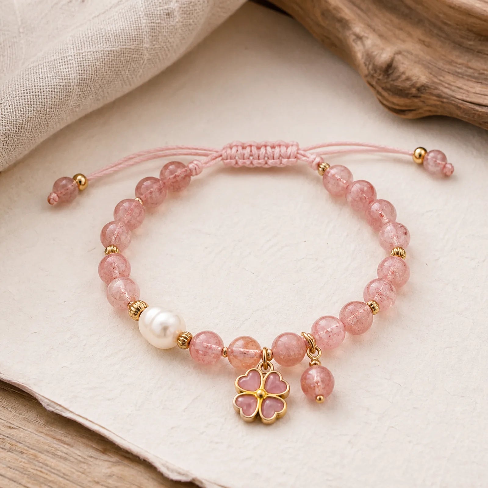 "Wishing Love and Sweet Blessings" Quartz Bracelet Includes Gift Message Card featuring Strawberry Quartz, Pearl