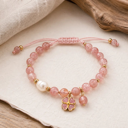 "Wishing Love and Sweet Blessings" Quartz Bracelet Includes Gift Message Card featuring Strawberry Quartz, Pearl