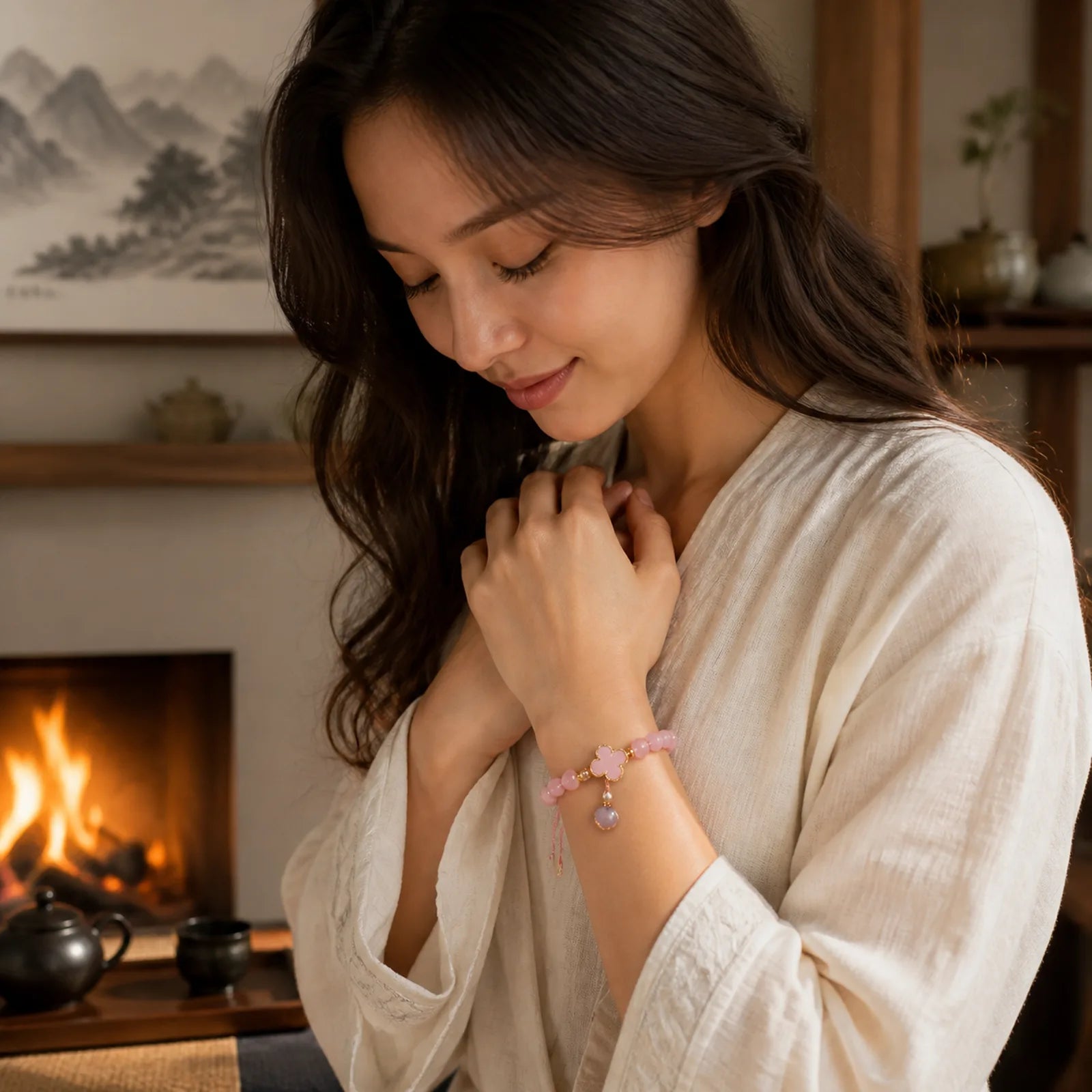 "Wishing Love and Sweet Blessings" Quartz Bracelet Includes Gift Message Card featuring Strawberry Quartz, Pearl