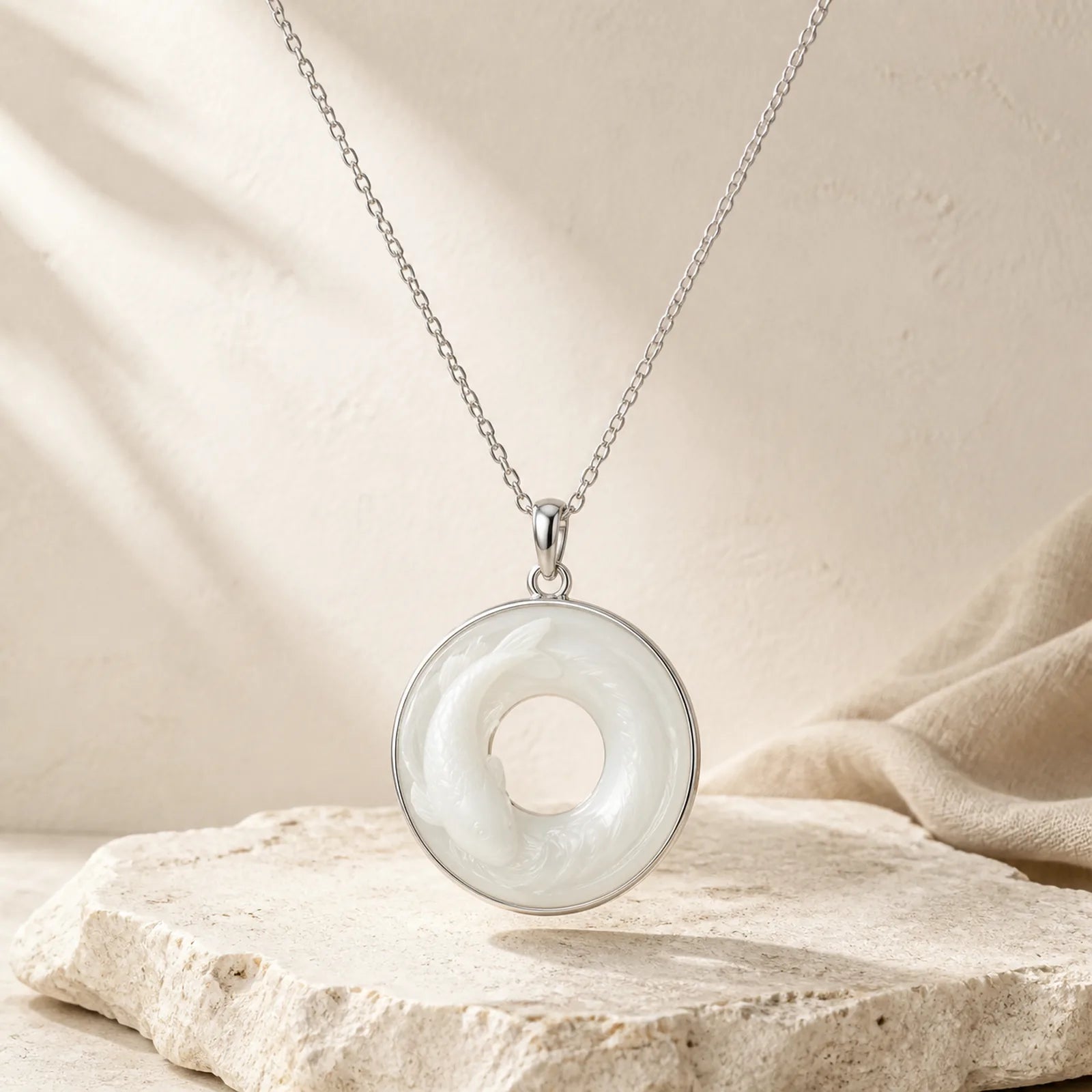 "Wishing Luck and Prosperity" White Jade Koi Fish Necklace Includes Gift Message Card featuring White Jade, Jade, Koi Fish