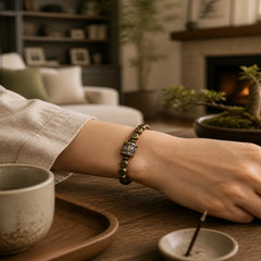 "Wishing You Balance and Strength" Brass Amulet Bracelet Includes Gift Message Card featuring Om, Om Mani Padme Hum, Copper