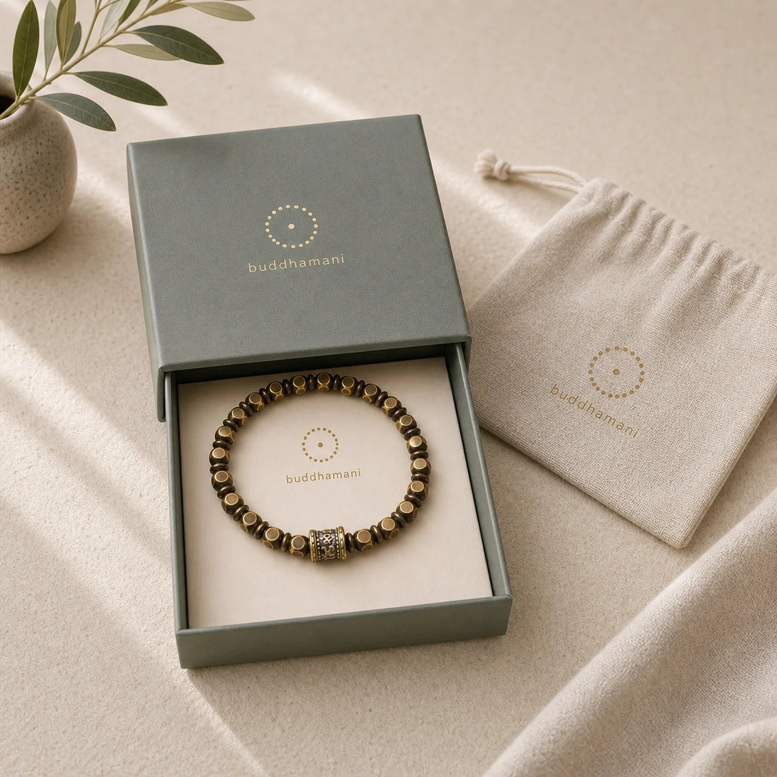"Wishing You Balance and Strength" Brass Amulet Bracelet Includes Gift Message Card featuring Om, Om Mani Padme Hum, Copper