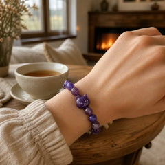 "Wishing You Clarity and Calm" Cute Cat Amethyst Bracelet Includes Gift Message Card featuring Amethyst