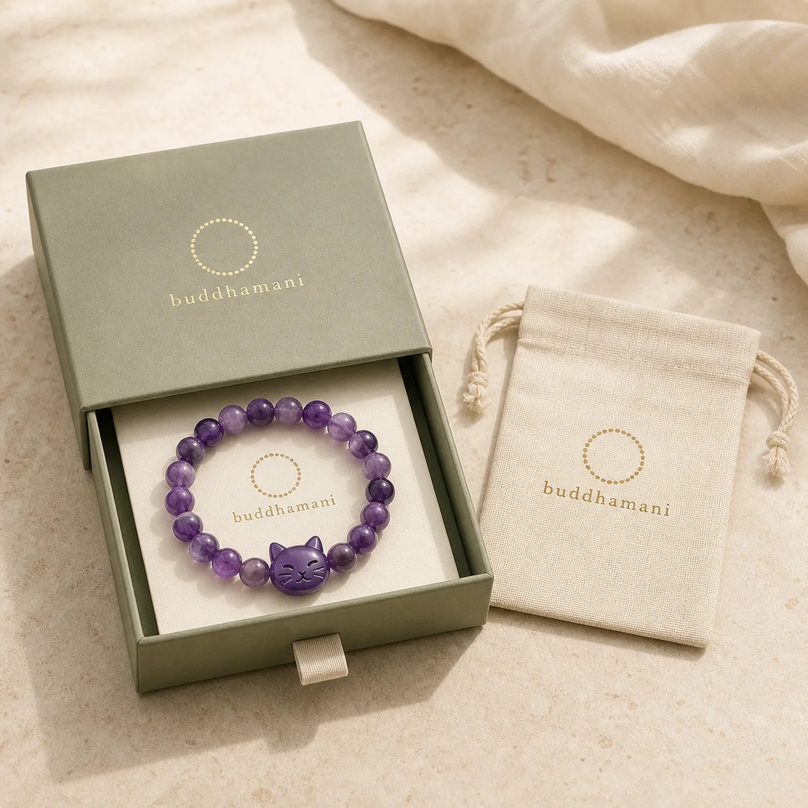 "Wishing You Clarity and Calm" Cute Cat Amethyst Bracelet Includes Gift Message Card featuring Amethyst