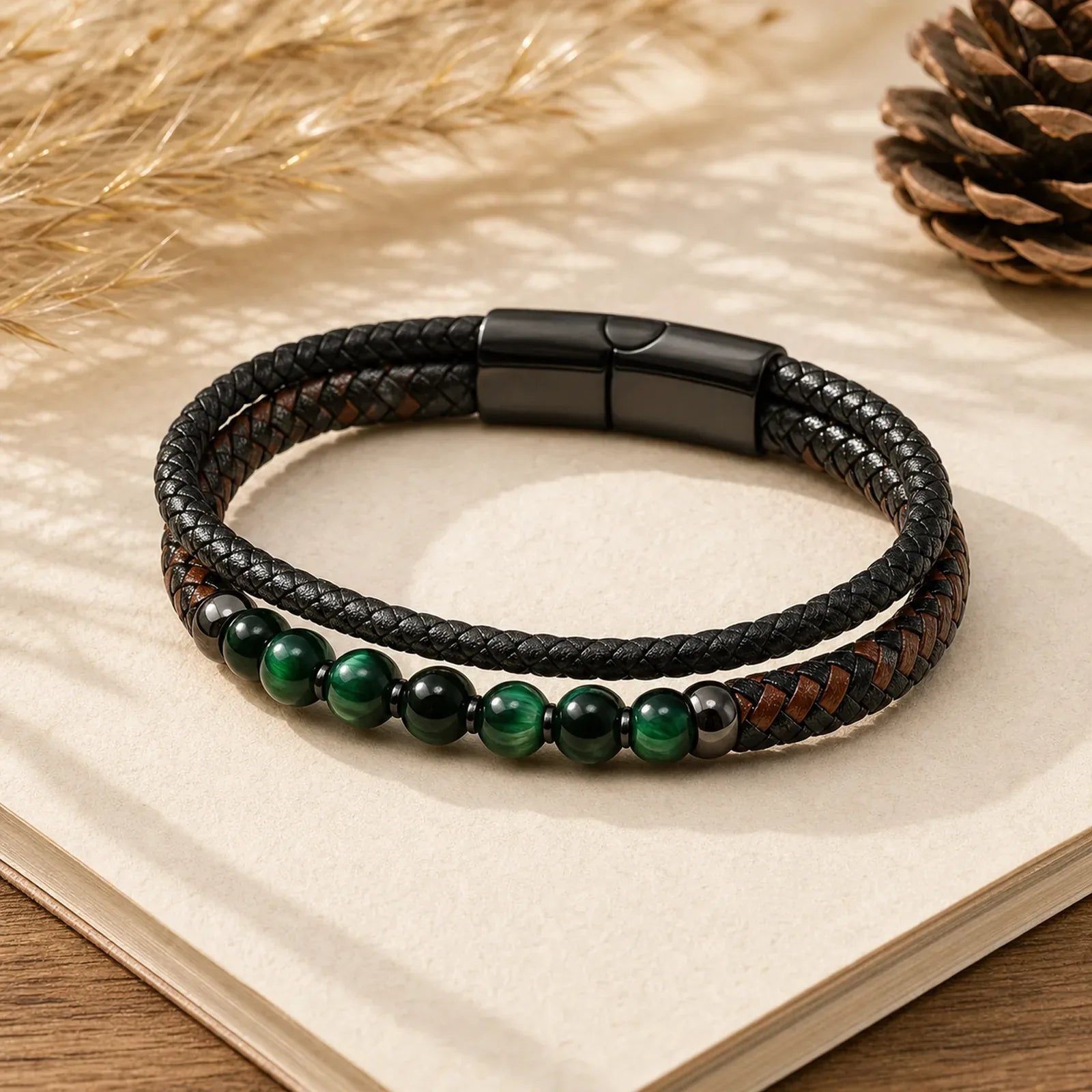 "Wishing You Courage and Balance" Green Tiger Eye Bracelet Includes Gift Message Card featuring Green Tiger Eye, Tiger Eye, Black Onyx