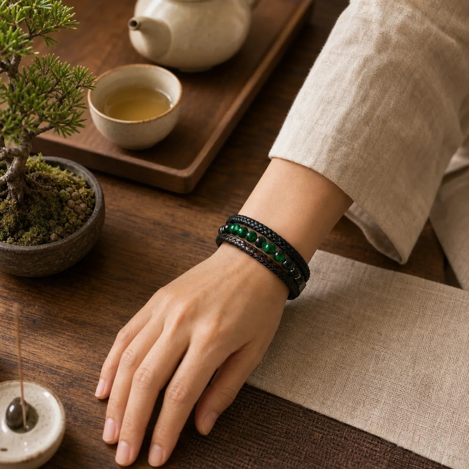 "Wishing You Courage and Balance" Green Tiger Eye Bracelet Includes Gift Message Card featuring Green Tiger Eye, Tiger Eye, Black Onyx