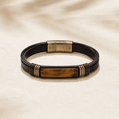 "Wishing You Courage and Focus" Tiger Eye Leather Bracelet Includes Gift Message Card featuring Tiger Eye, Titanium Steel