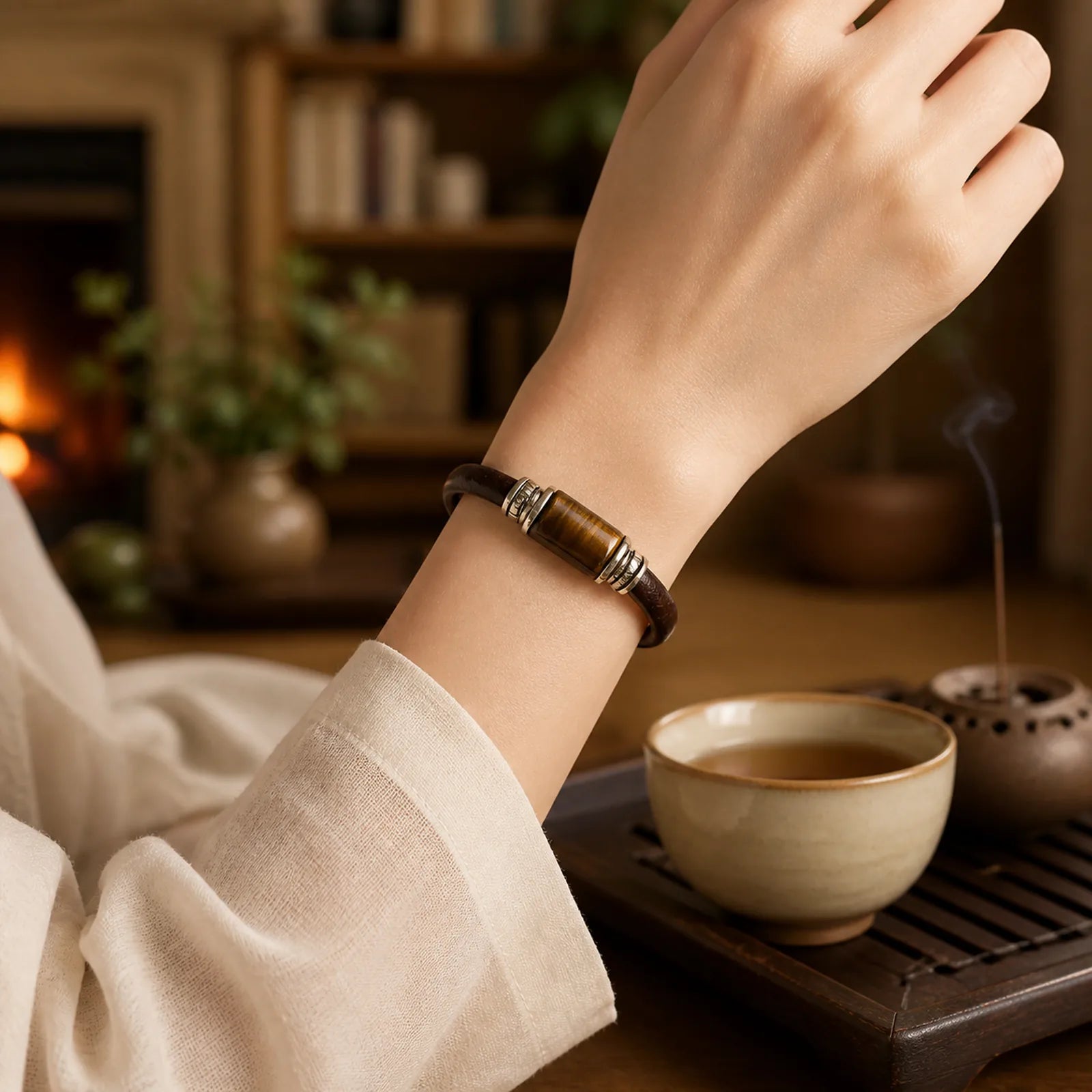 "Wishing You Courage and Focus" Tiger Eye Leather Bracelet Includes Gift Message Card featuring Tiger Eye, Titanium Steel