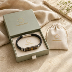"Wishing You Courage and Focus" Tiger Eye Leather Bracelet Includes Gift Message Card featuring Tiger Eye, Titanium Steel